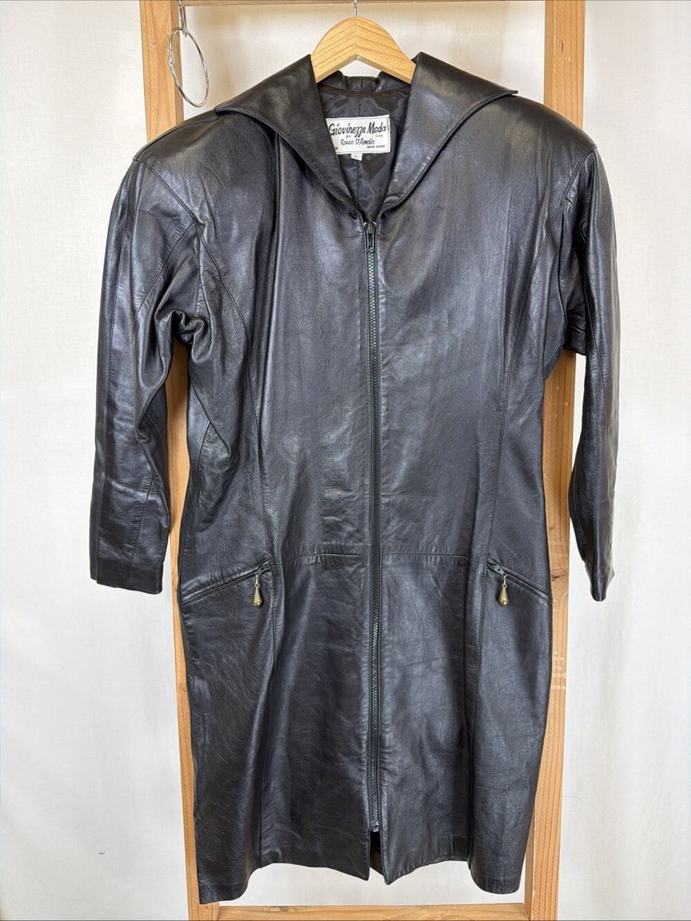 Vintage 80's Giovinezza Moda Black Zip Long Leather Jacket #1237 Size LG